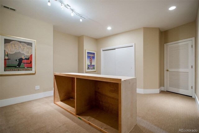 interior space with light carpet and track lighting