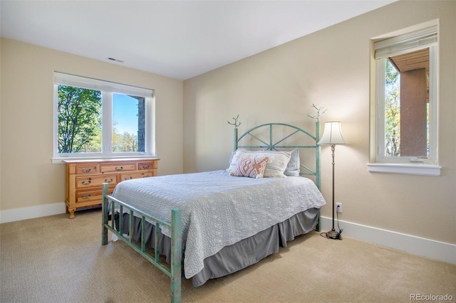 bedroom with multiple windows and light carpet