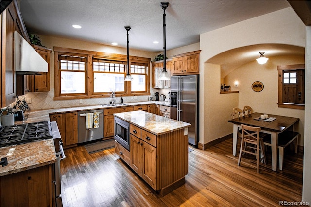 kitchen with appliances with stainless steel finishes, arched walkways, a wealth of natural light, and dark wood-type flooring