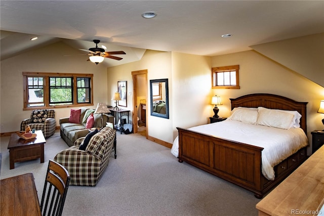 bedroom with lofted ceiling, carpet floors, multiple windows, and recessed lighting