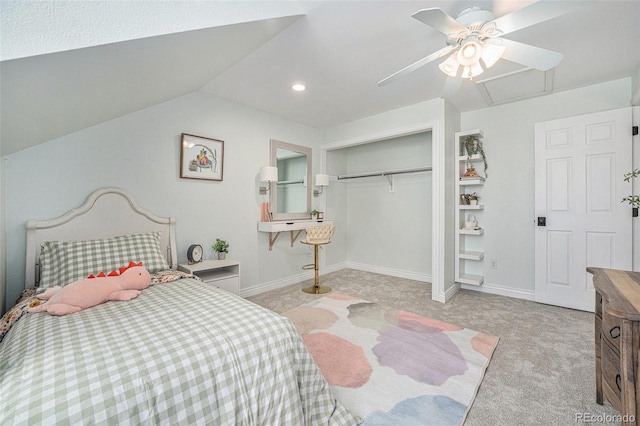 10247 W Roxbury Pl, Littleton, CO 80127 - bedroom featuring carpet, a closet, vaulted ceiling, baseboards, and ceiling fan