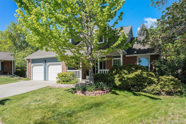 10247 W Roxbury Pl, Littleton, CO 80127 - view of property hidden behind natural elements with brick siding, concrete driveway, a front yard, and an attached garage