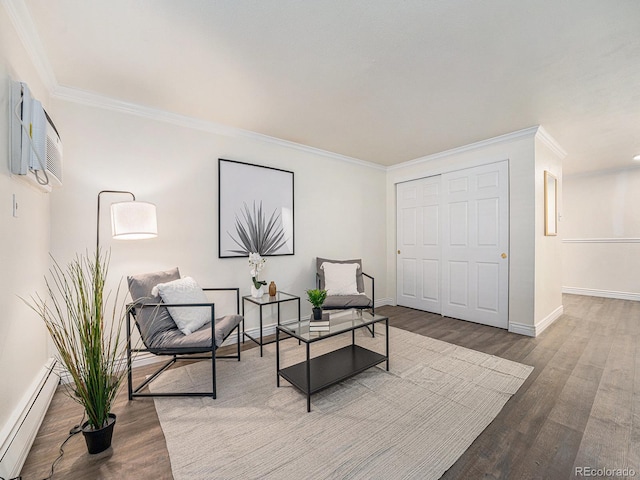 living area with crown molding, wood-type flooring, an AC wall unit, and baseboard heating