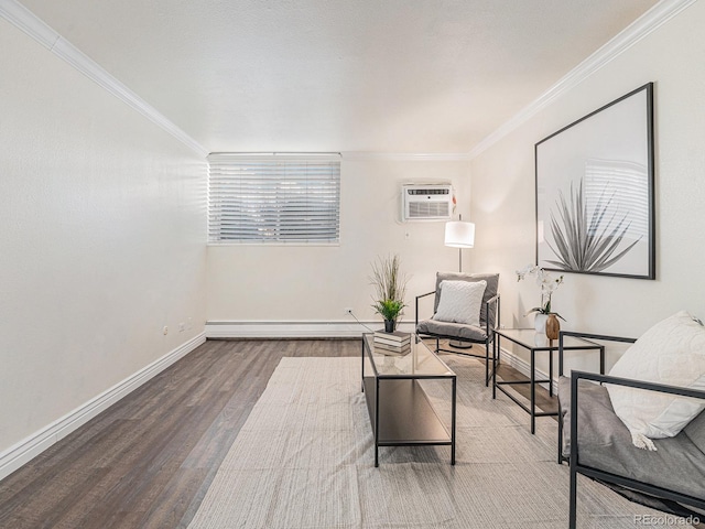 sitting room with ornamental molding, a wall mounted AC, wood-type flooring, and a baseboard heating unit