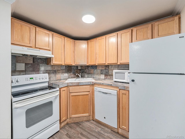 kitchen featuring tasteful backsplash, white appliances, dark hardwood / wood-style floors, and sink