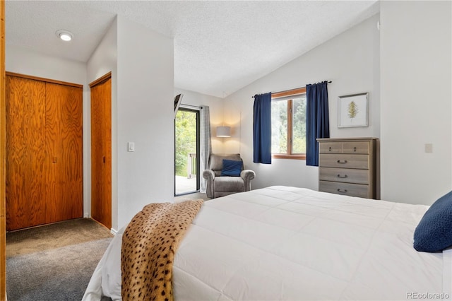 bedroom featuring carpet floors, a textured ceiling, and vaulted ceiling