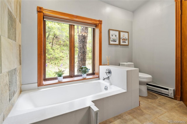 full bathroom featuring tile patterned floors, a baseboard radiator, toilet, and a bath