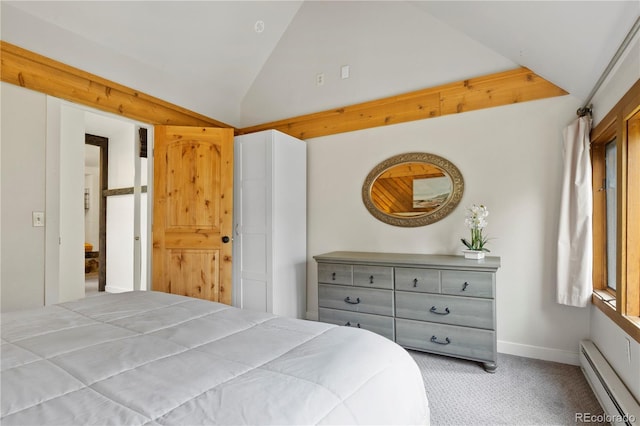 bedroom featuring baseboards, baseboard heating, vaulted ceiling, and carpet flooring