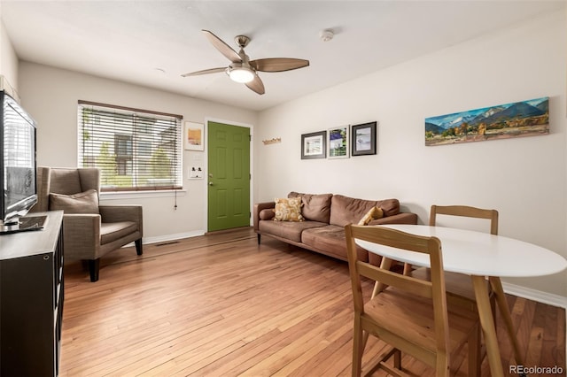 1800 Grove St, Denver, CO 80204 - living room with a ceiling fan, baseboards, and light wood finished floors