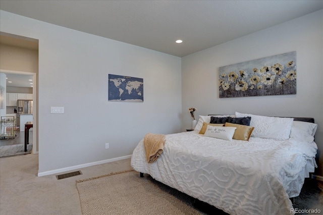 6612 N Ceylon St, Denver, CO 80249 - bedroom featuring carpet floors, recessed lighting, baseboards, and stainless steel fridge with ice dispenser