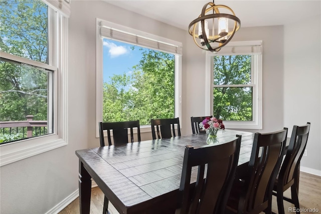 dining room with a chandelier, wood finished floors, and baseboards
