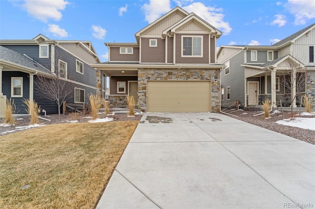 craftsman inspired home with an attached garage, stone siding, driveway, a front lawn, and board and batten siding