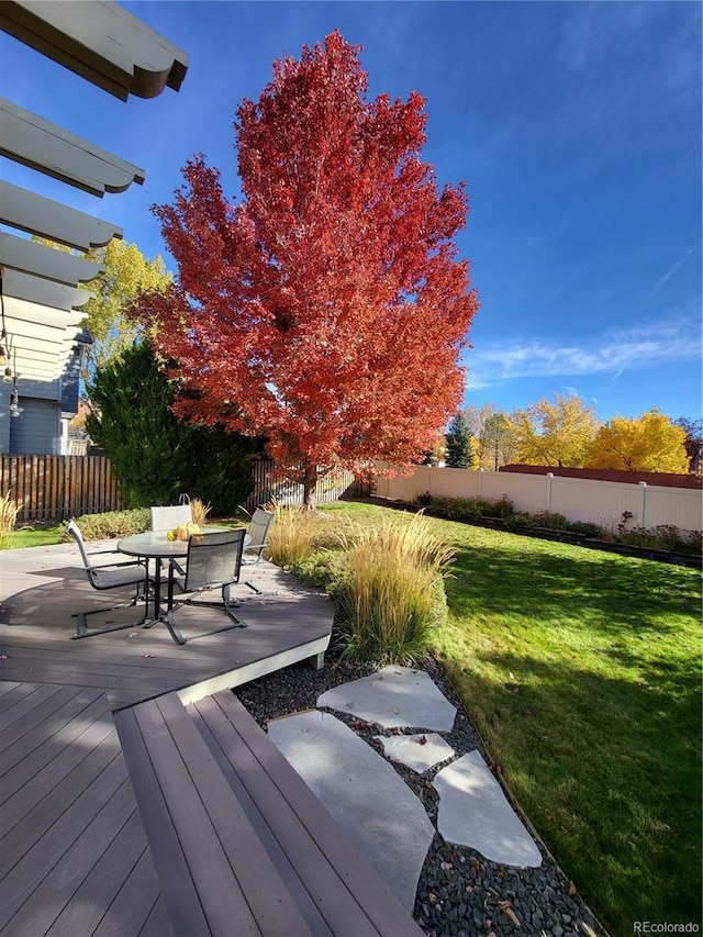 wooden terrace featuring outdoor dining space, a fenced backyard, and a lawn