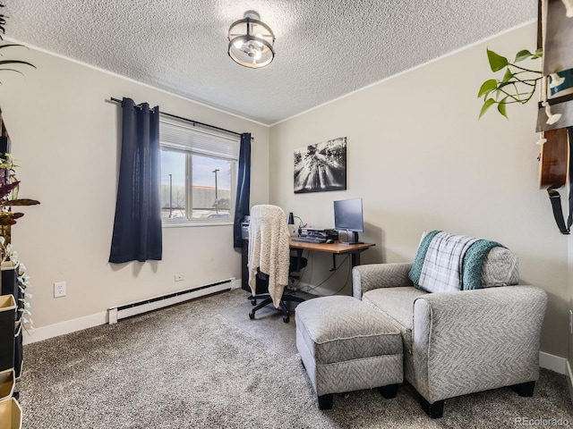 office featuring carpet flooring, baseboard heating, and a textured ceiling