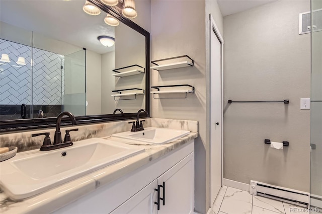2280 S Oswego Way Unit 104, Aurora, CO 80014 - bathroom featuring a baseboard radiator, decorative backsplash, double vanity, and marble look tile flooring