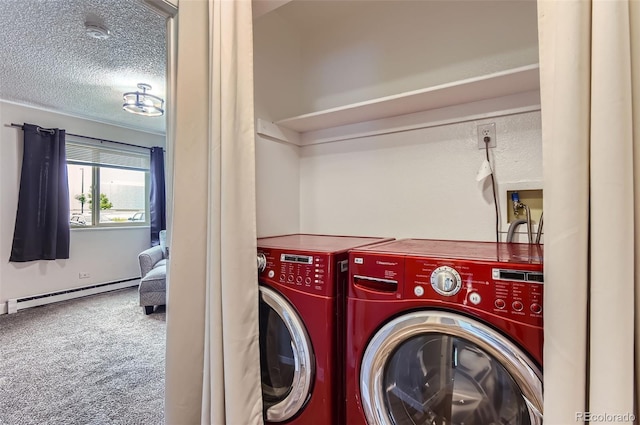 2280 S Oswego Way Unit 104, Aurora, CO 80014 - laundry area with a baseboard heating unit, washing machine and clothes dryer, a textured ceiling, and carpet flooring