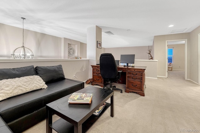 living area featuring an inviting chandelier, baseboards, light colored carpet, and visible vents