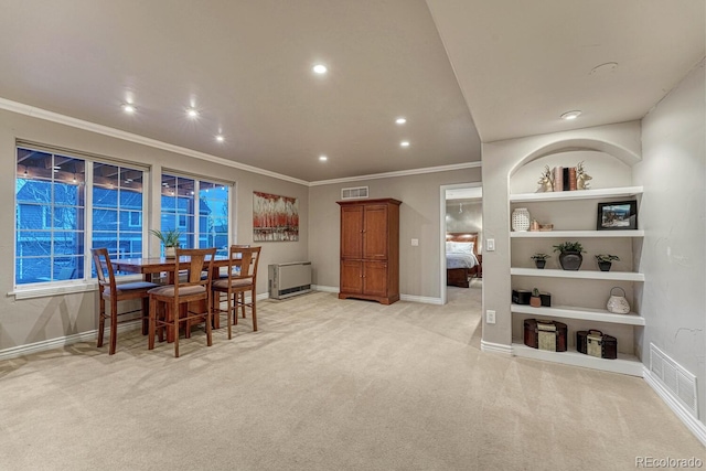 dining area with baseboards, light carpet, recessed lighting, and visible vents
