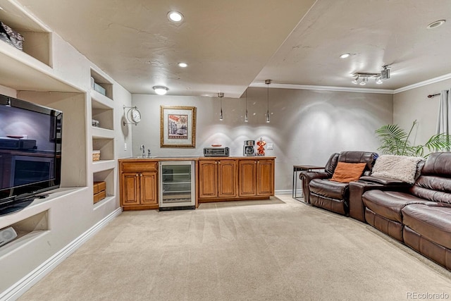 living room with indoor wet bar, recessed lighting, light carpet, and wine cooler