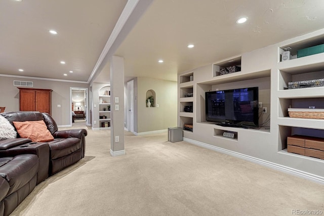 living room featuring light colored carpet, visible vents, built in shelves, baseboards, and recessed lighting