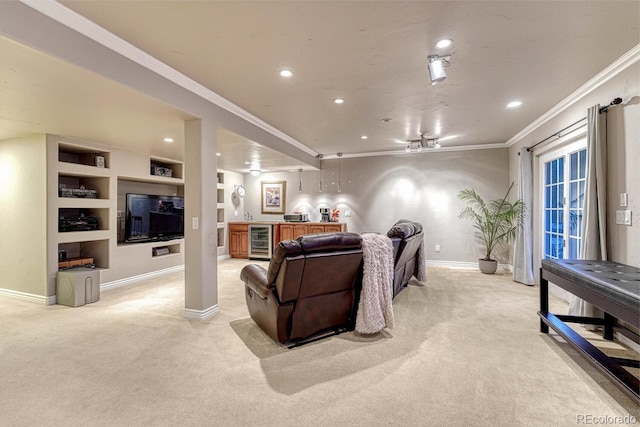 living room featuring bar, baseboards, light carpet, and wine cooler