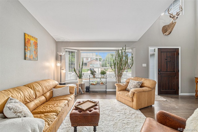 living room featuring dark hardwood / wood-style flooring and vaulted ceiling