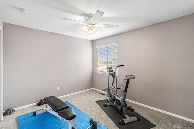 workout area with carpet floors and ceiling fan