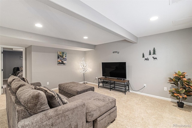 carpeted living room with beam ceiling