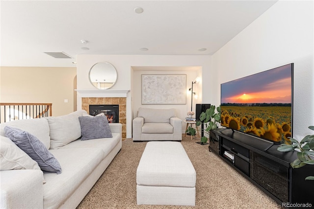 9228 Sori Ln, Highlands Ranch, CO 80126 - living room featuring carpet floors and a tile fireplace