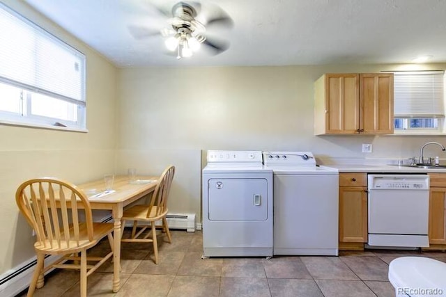 5401 E Warren Ave Unit 105, Denver, CO 80222 - washroom featuring independent washer and dryer, ceiling fan, light tile patterned floors, baseboard heating, and a baseboard radiator