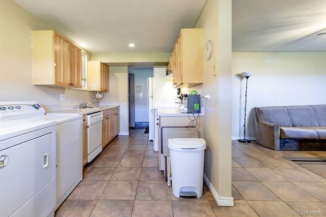 5401 E Warren Ave Unit 105, Denver, CO 80222 - kitchen featuring white appliances, light brown cabinets, open floor plan, light countertops, and light tile patterned floors