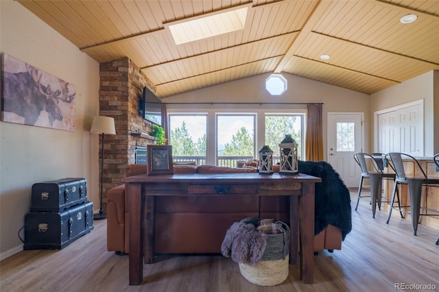 1040 Sheep Ridge Rd, Fairplay, CO 80440 - living area with a skylight, wooden ceiling, and wood finished floors