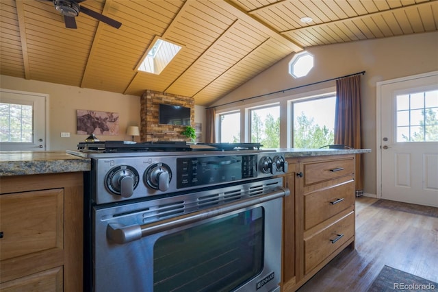 1040 Sheep Ridge Rd, Fairplay, CO 80440 - kitchen featuring stainless steel electric stove, wood finished floors, wooden ceiling, a skylight, and ceiling fan