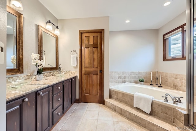 16247 E Belleview Pl, Centennial, CO 80015 - full bath featuring a garden tub, double vanity, tile patterned flooring, and recessed lighting
