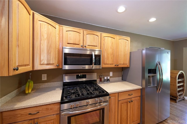 3820 S Harlan St, Denver, CO 80235 - kitchen featuring appliances with stainless steel finishes, light stone countertops, light wood-type flooring, and recessed lighting