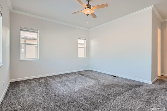 spare room featuring ceiling fan, a wealth of natural light, carpet, and crown molding