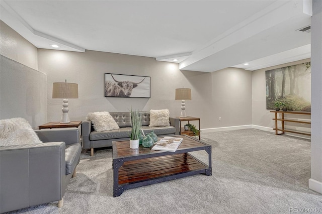 living area featuring carpet flooring, recessed lighting, baseboards, and visible vents