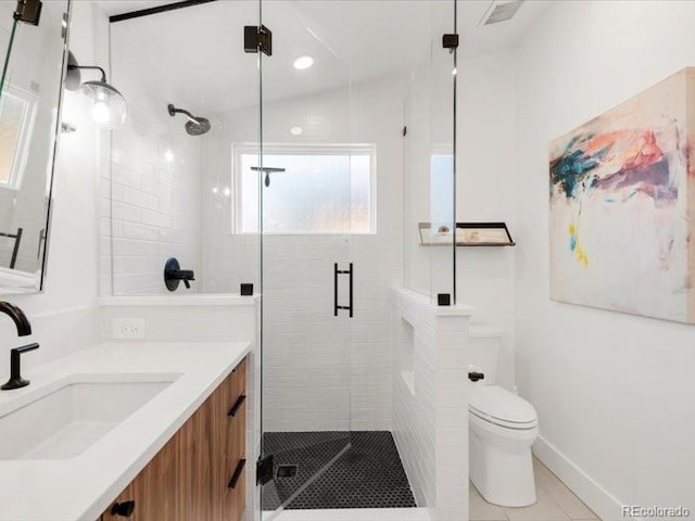 full bathroom featuring visible vents, toilet, a shower stall, tile patterned flooring, and vanity