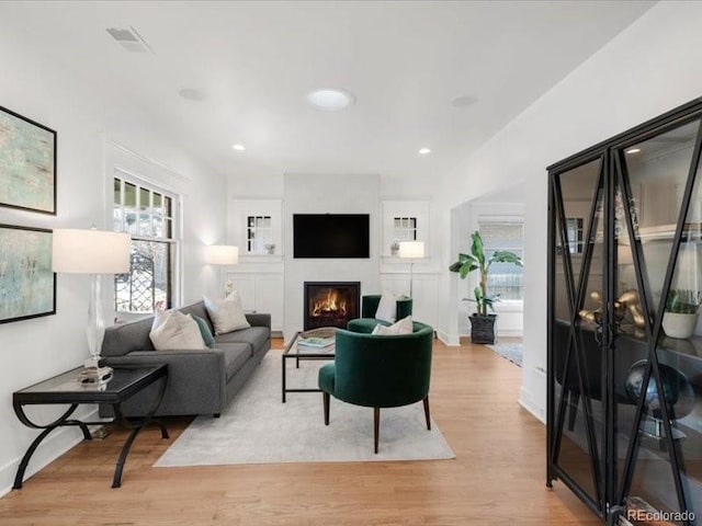 living area featuring a lit fireplace and light wood-style flooring