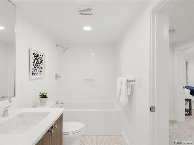 full bathroom with visible vents, toilet, vanity, and bathing tub / shower combination