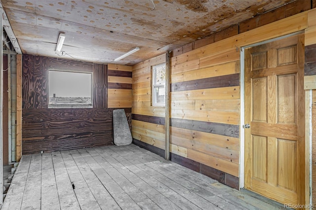 unfurnished room with wood-type flooring, wood walls, and wooden ceiling