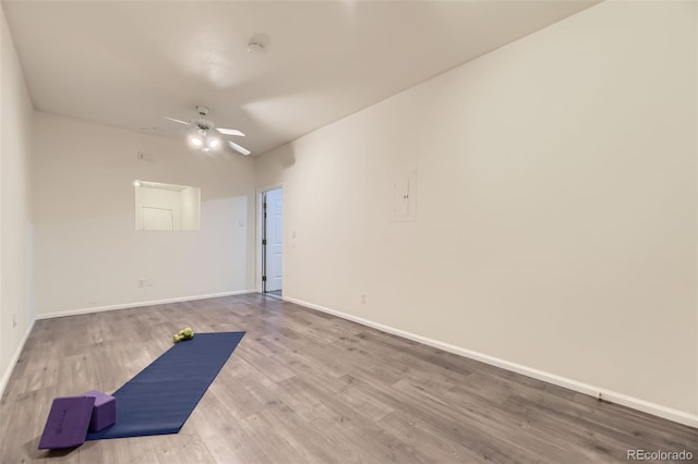 4221 S Blackhawk Cir Unit 7G, Aurora, CO 80014 - workout room with a ceiling fan and wood finished floors