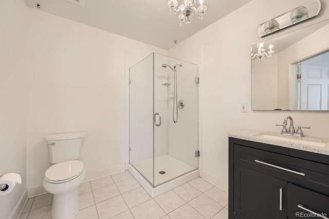 475 W 12th Ave Unit 9A, Denver, CO 80204 - full bath with tile patterned floors, toilet, a stall shower, a chandelier, and baseboards