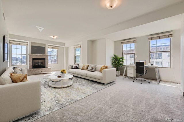 475 W 12th Ave Unit 9A, Denver, CO 80204 - carpeted living area with a desk and a premium fireplace