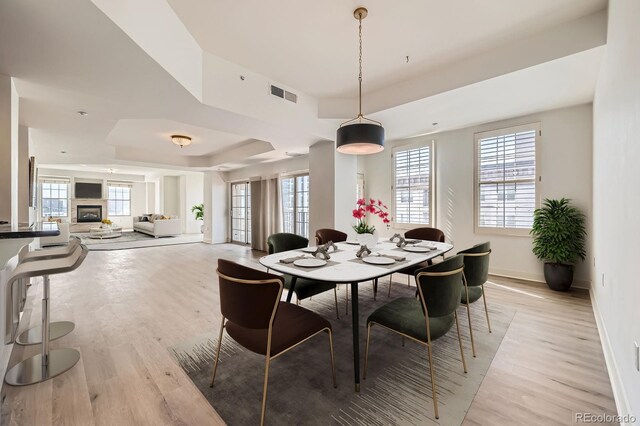 475 W 12th Ave Unit 9A, Denver, CO 80204 - dining room with a tray ceiling, light wood-type flooring, and baseboards