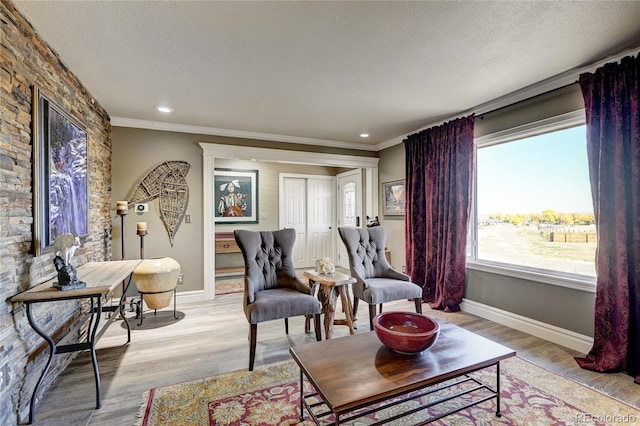 living area featuring a textured ceiling, light hardwood / wood-style flooring, and ornamental molding