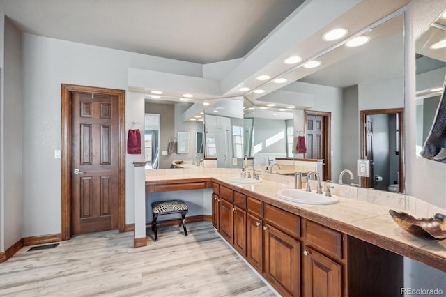 full bathroom featuring double vanity, wood finished floors, a sink, and visible vents