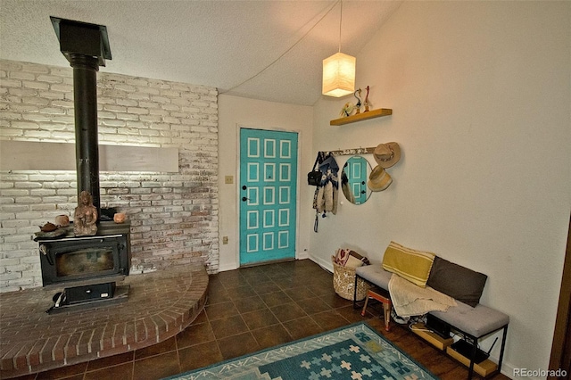 tiled entryway with a wood stove