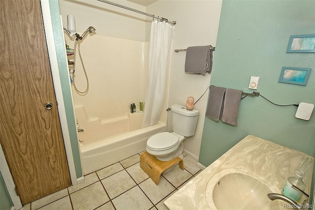 full bathroom featuring vanity, toilet, shower / tub combo with curtain, and tile patterned flooring