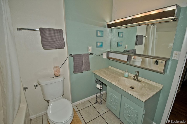 full bathroom with shower / bathtub combination with curtain, tile patterned floors, vanity, and toilet